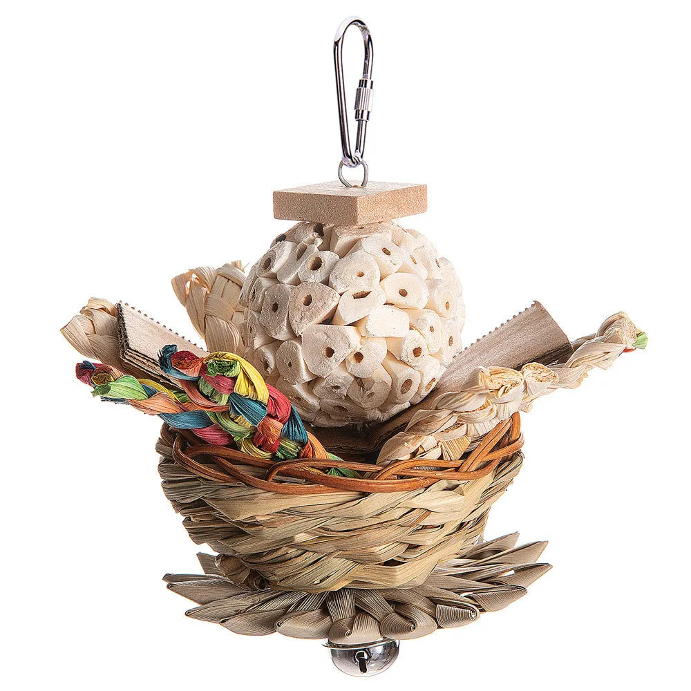A wooden parrot gnawing toy for beak trimming and enrichment, shown with type options.