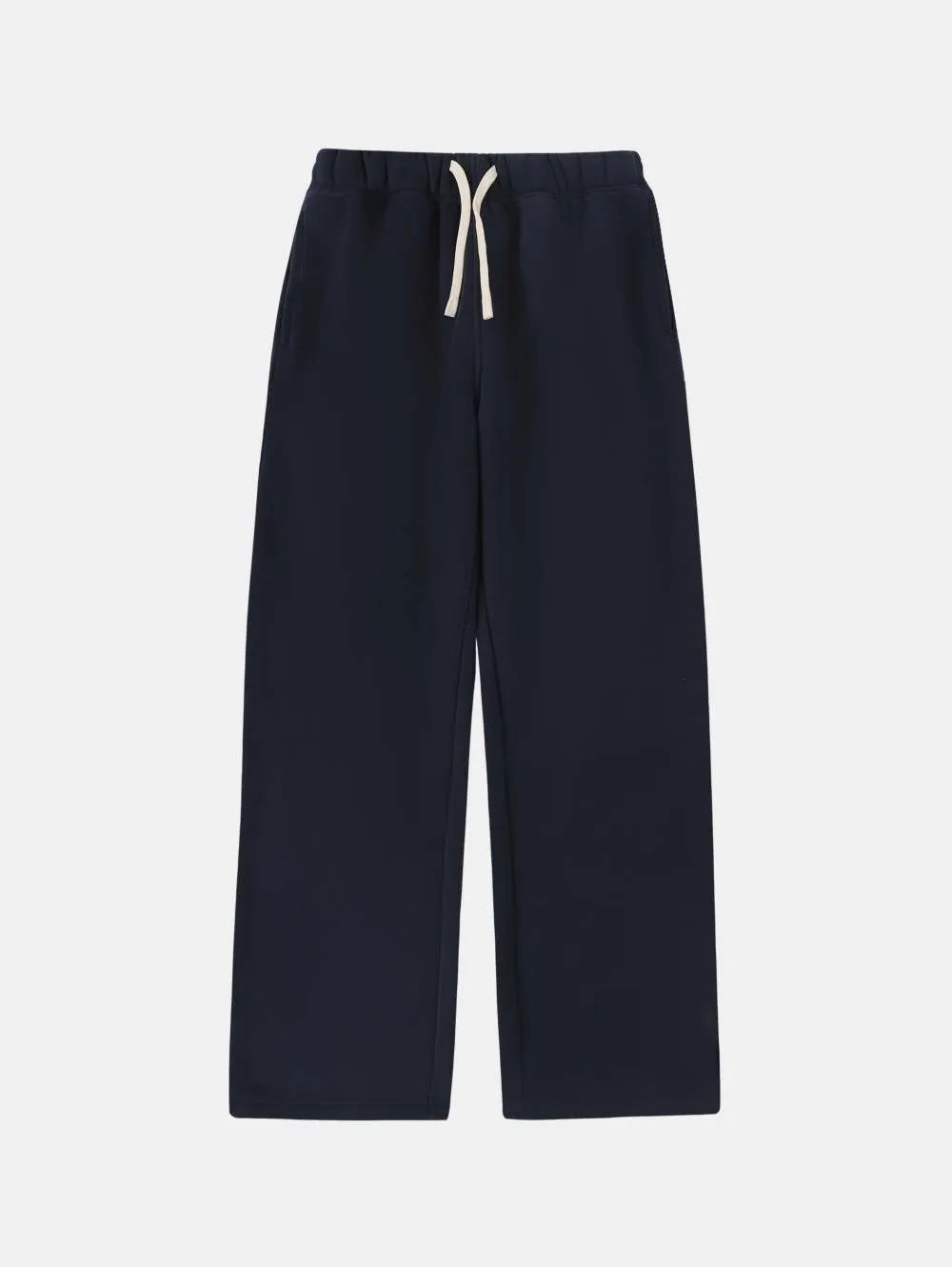 Men's black loose-fit fleece-lined sweatpants with an elastic drawstring waistband laid flat.