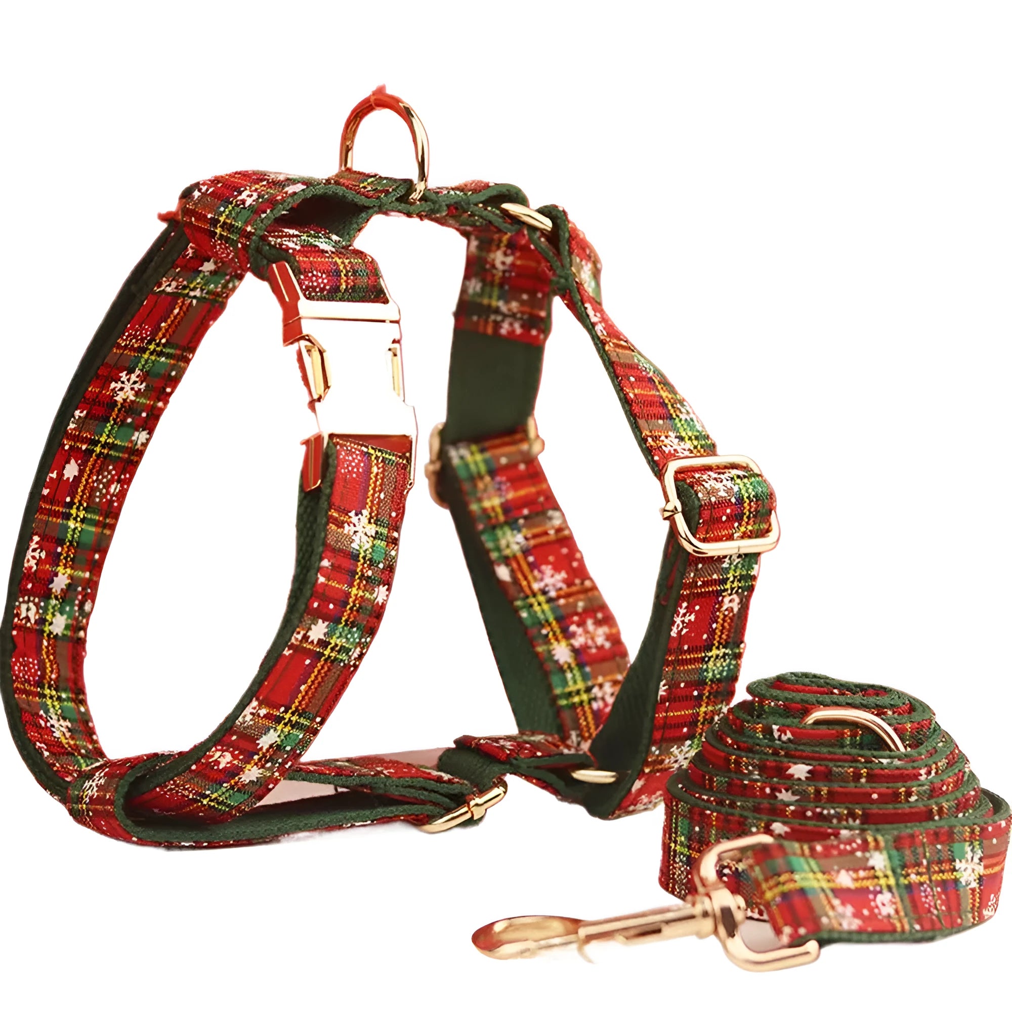 Green background snowflake Christmas pet collar set with dog leash bow and vest in cloth material