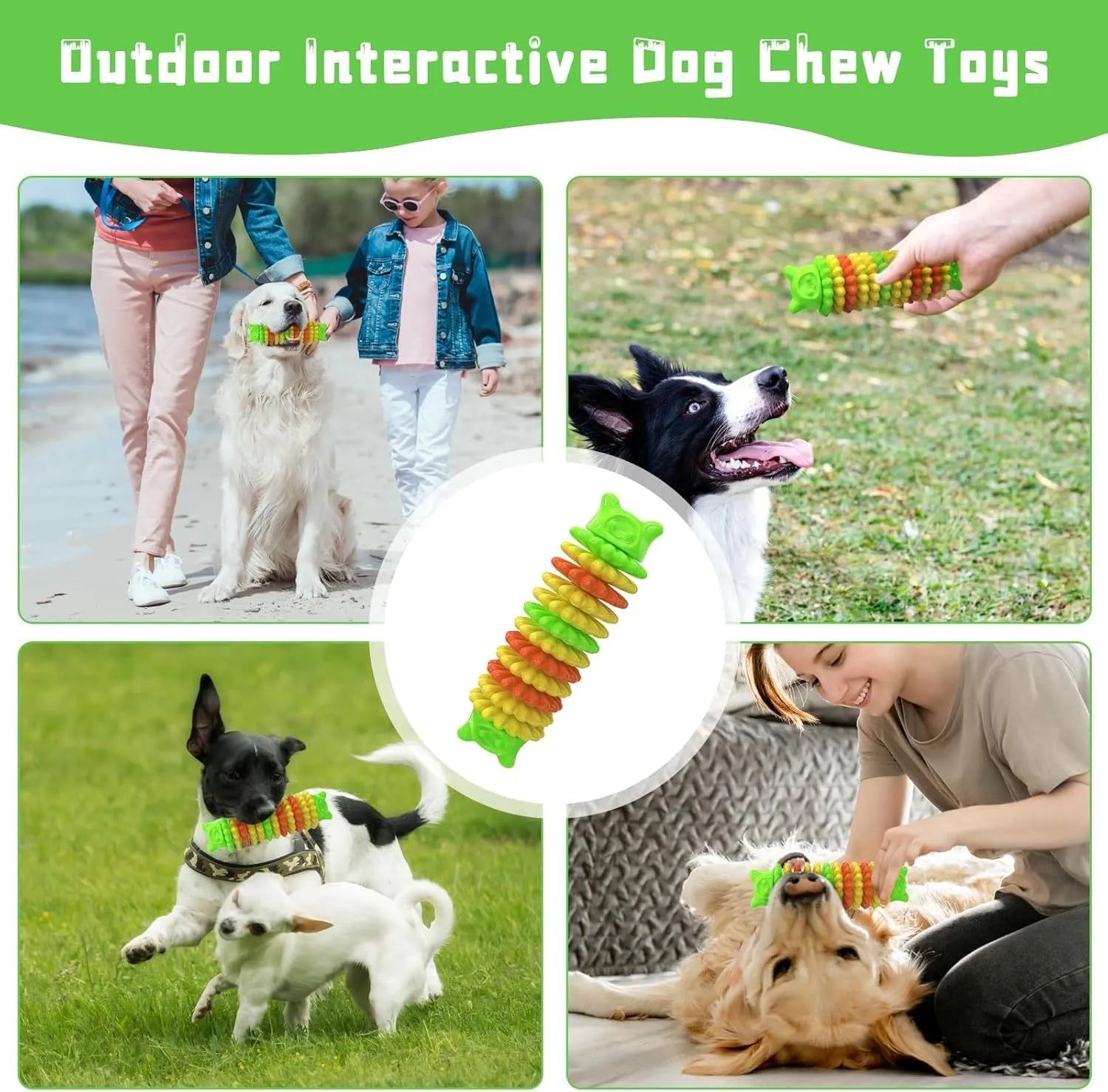 Blue natural rubber caterpillar-shaped dog chew toy on a white background