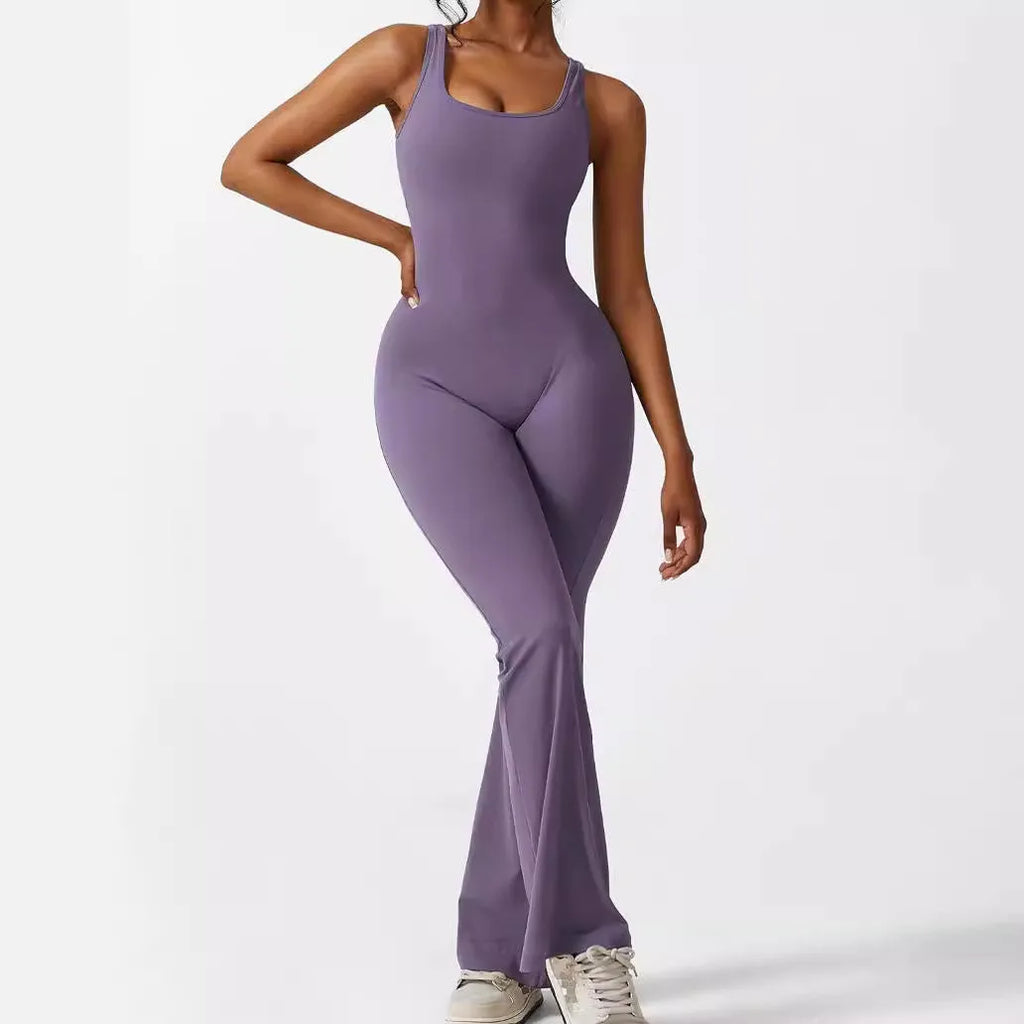 Women's sleeveless flare jumpsuit in high elasticity polyester fabric for yoga and fitness wear