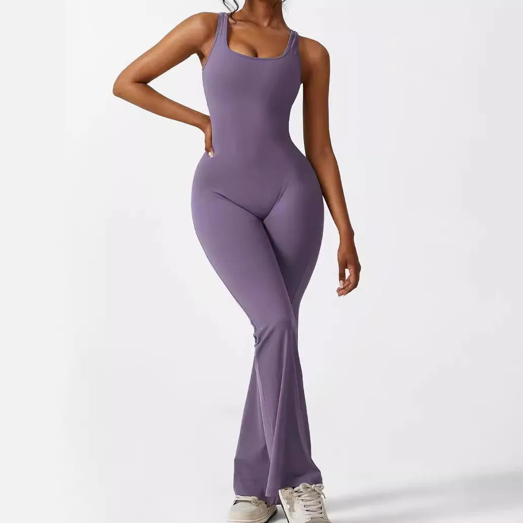 Women's sleeveless flare jumpsuit in high elasticity polyester fabric for yoga and fitness wear