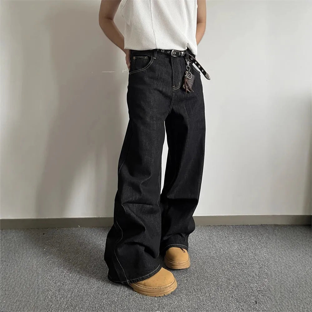 Black retro loose wide-leg straight-leg jeans on a model.
