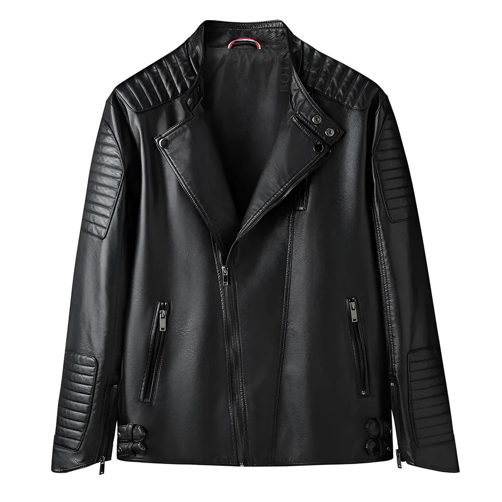 Men's black PU leather motorcycle jacket with zipper pocket, regular length 50cm