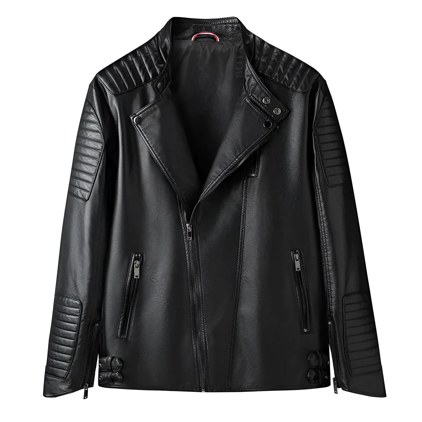 Men's black PU leather motorcycle jacket with zipper pocket, regular length 50cm