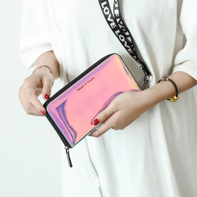 Women's short folding Korean style wallet in PU leather, shown in crystal blue, glitter, and green colours.