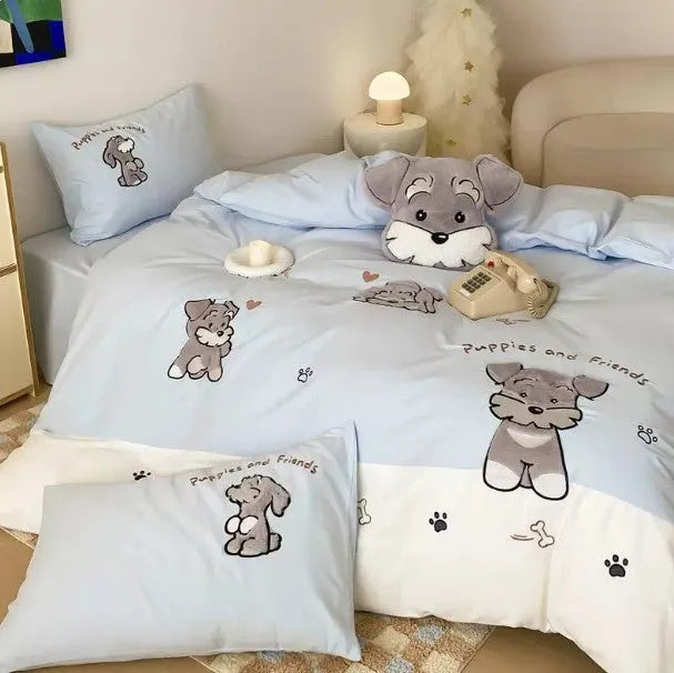 Cartoon Schnauzer embroidered bedding set with flat sheet and matching pillow on bed
