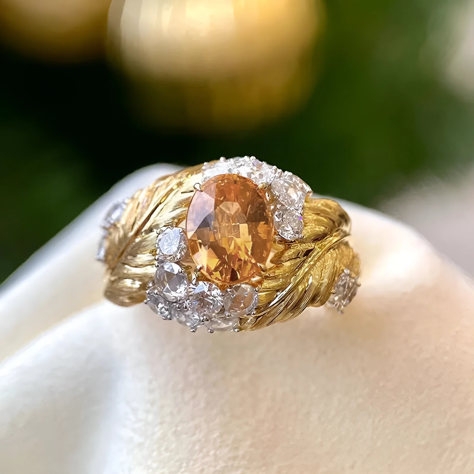 Gold-coloured copper ring with embossed feather pattern and a yellow zircon stone.