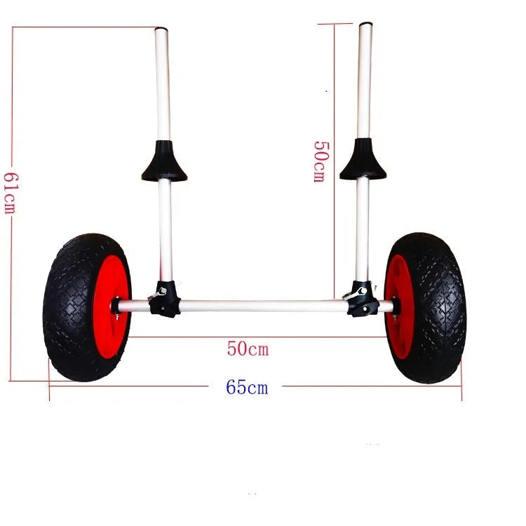 Foldable aluminium kayak trailer with upright pole platform and small cart for transport.