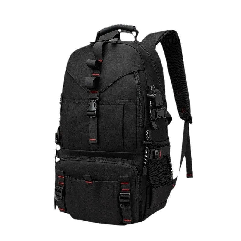 Men's waterproof Oxford cloth hiking backpack in black with multiple compartments and air pillow belt system