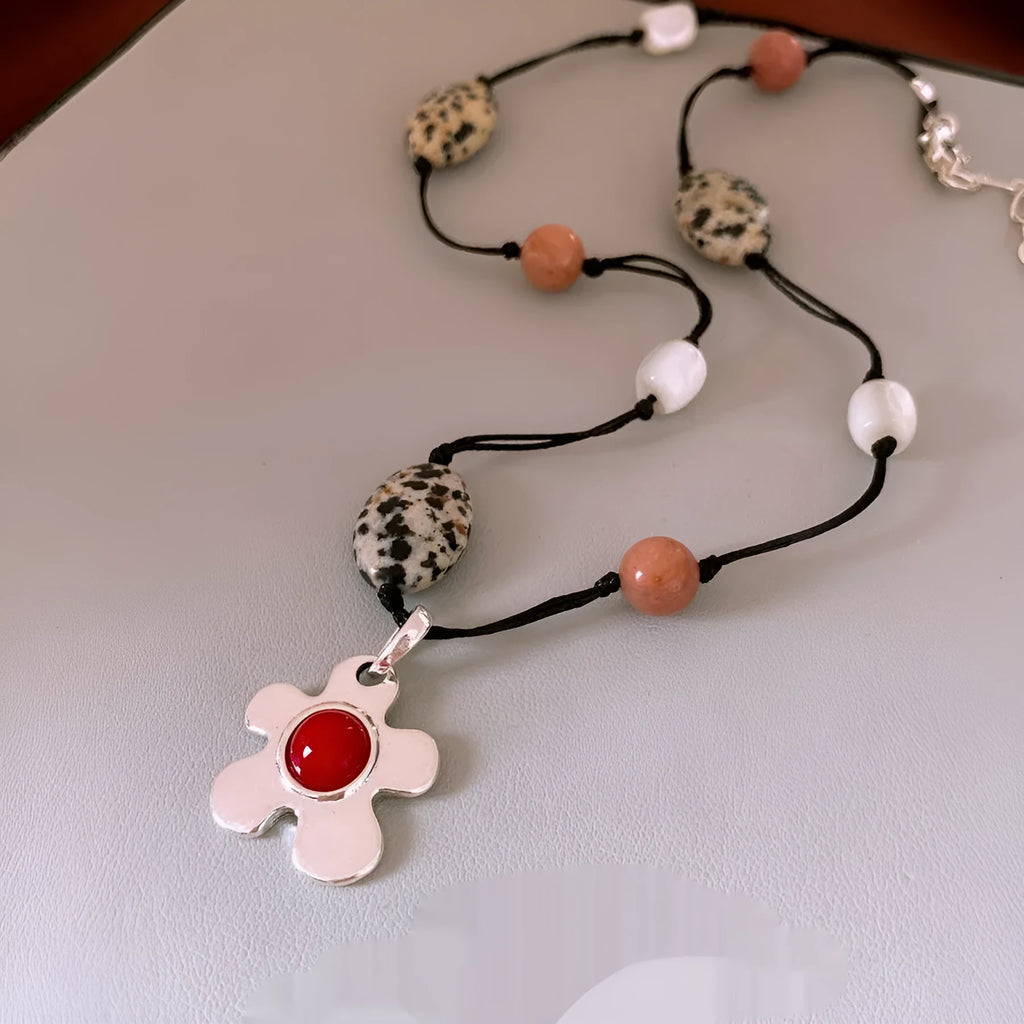 Adjustable ethnic flower pendant necklace with stone and shell beads on electroplated alloy chain