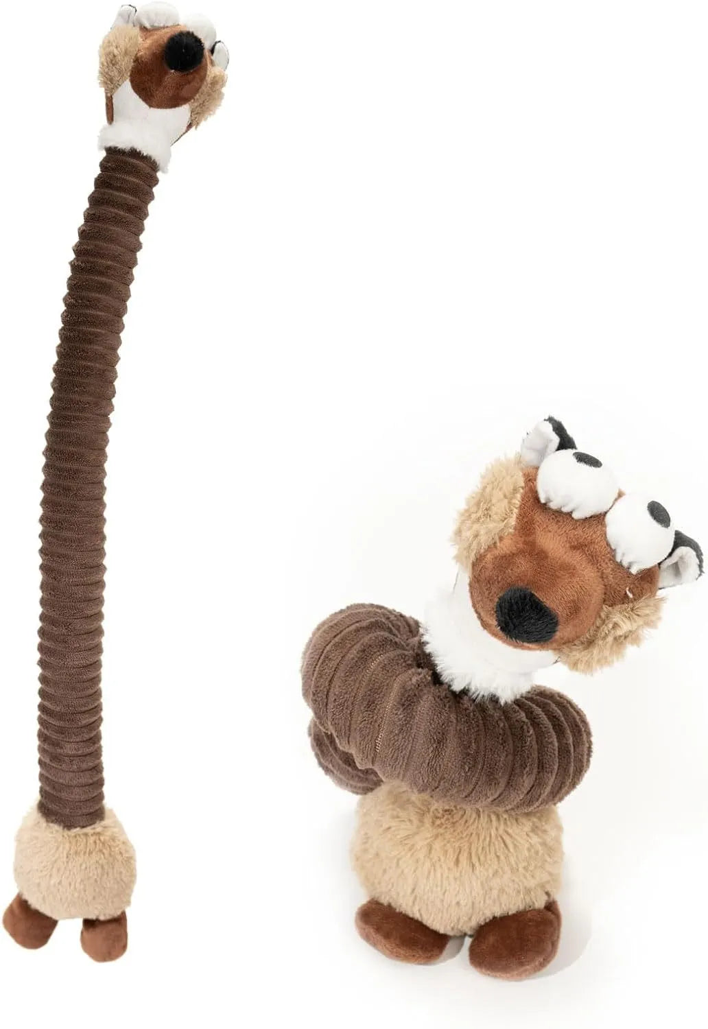 Brown, grey and yellow plush squeaky dog toys with crinkle sounds and foldable design