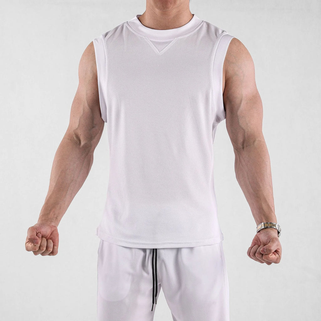 Men's loose fit sports vest in white or black colours showing chemical fibre blend quick-dry fabric