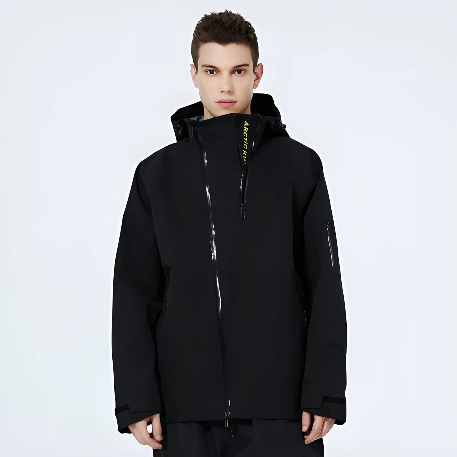 A unisex thin ski suit in yellow, shown on a model, designed for windproof and waterproof winter sports.