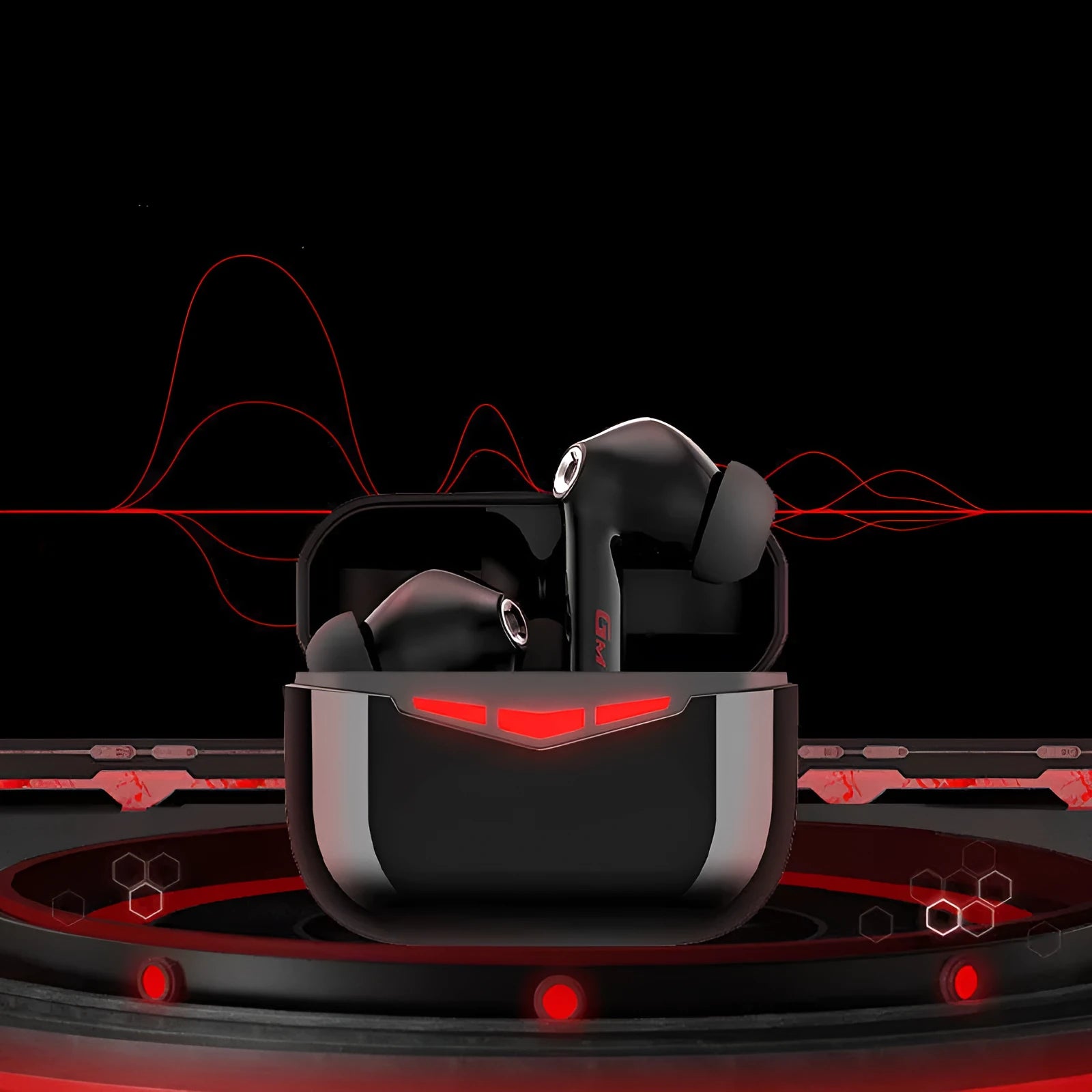 True wireless gaming Bluetooth headset in black with charging case and multiple ear tip sizes