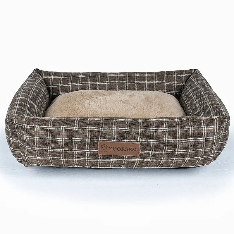 Grey and brown plaid linen square dog bed in four sizes from 50x40cm to 80x60cm