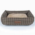 Grey and brown plaid linen square dog bed in four sizes from 50x40cm to 80x60cm
