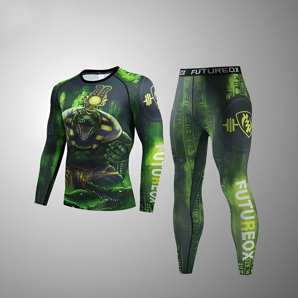 Men's printed slim-fit stretch sports suit top and trousers for outdoor running and fitness