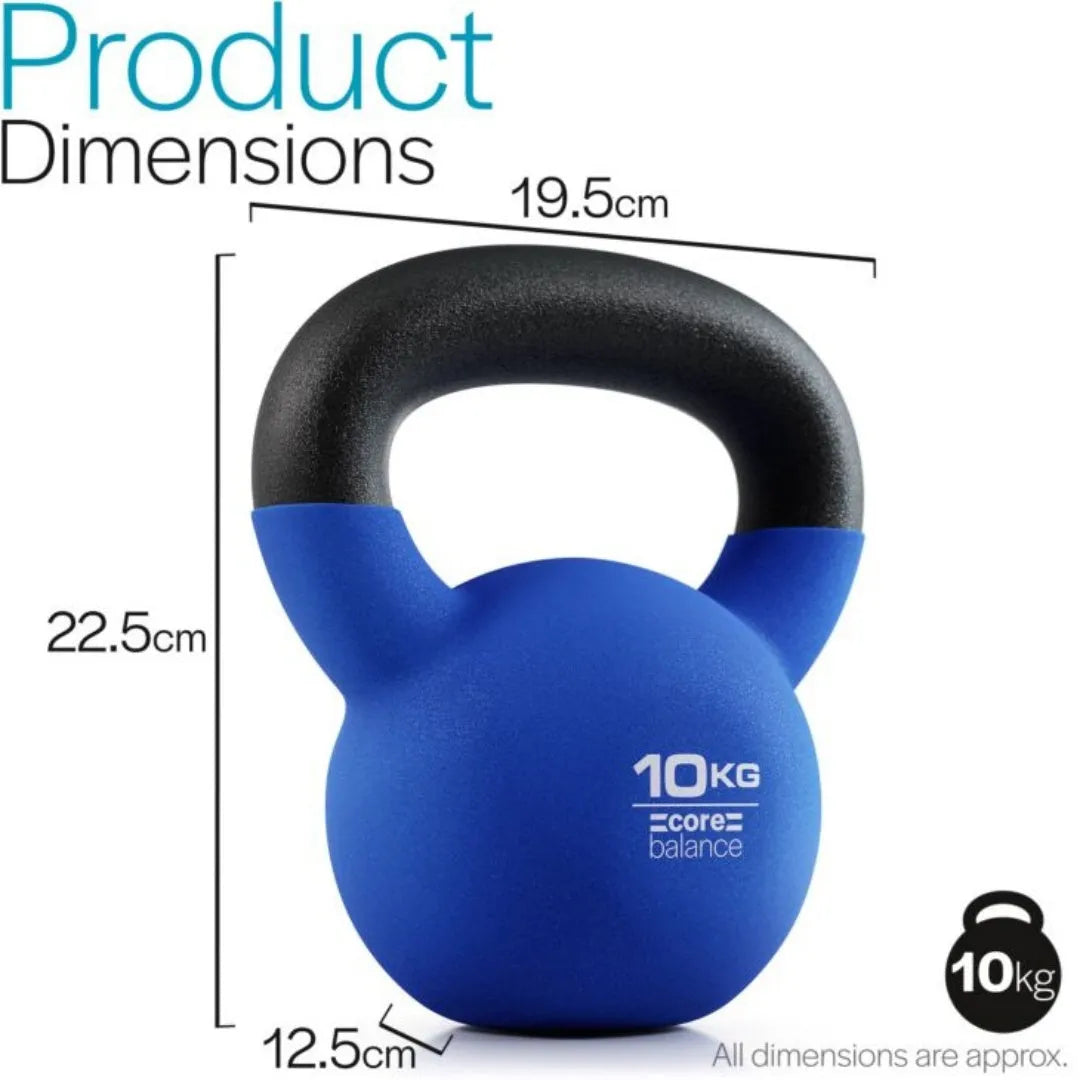 Blue cast iron teapot-style dumbbell on a solid background, showing its 10kg weight and one-piece design.