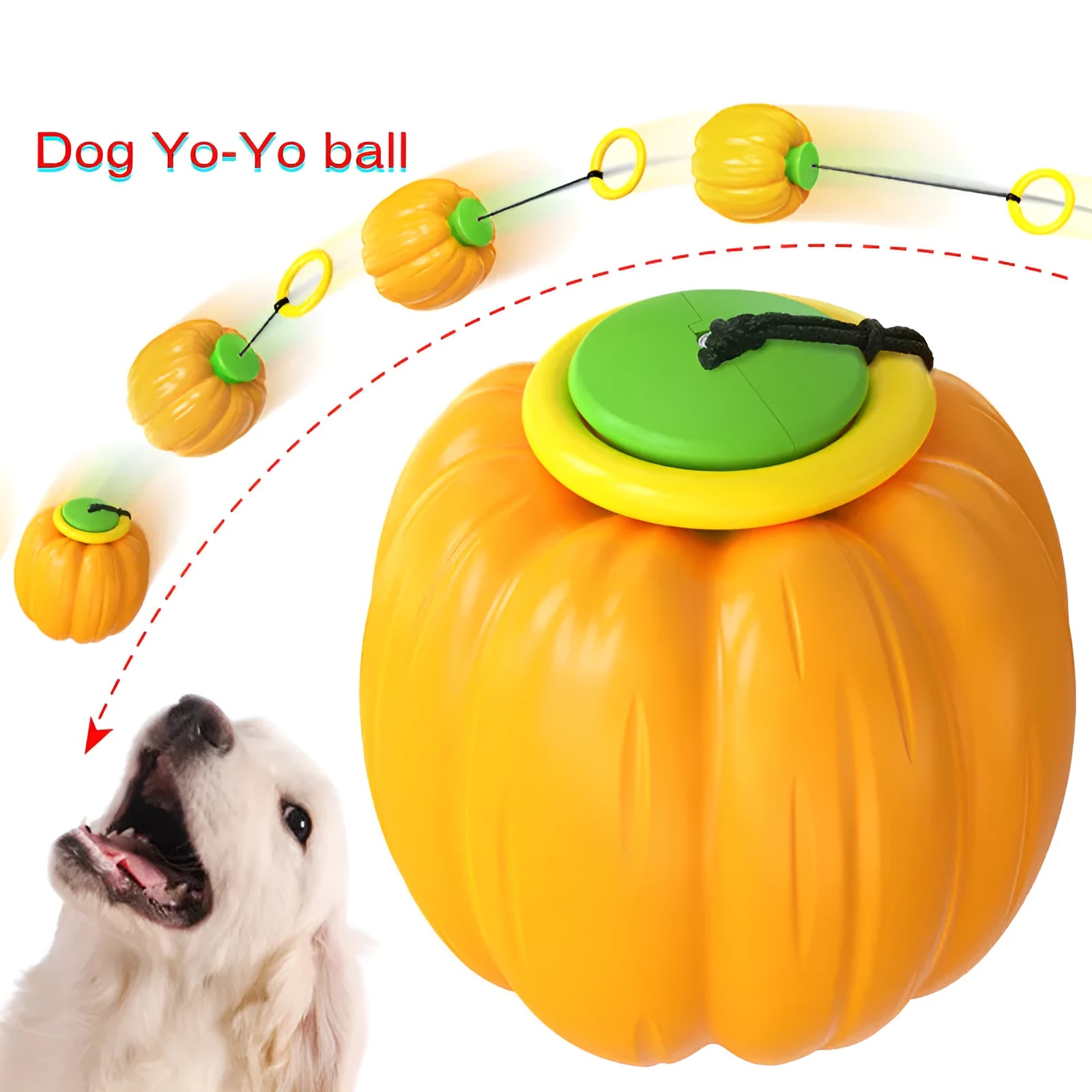 Green, orange, and yellow plastic pumpkin-shaped dog balls with a squeaker.