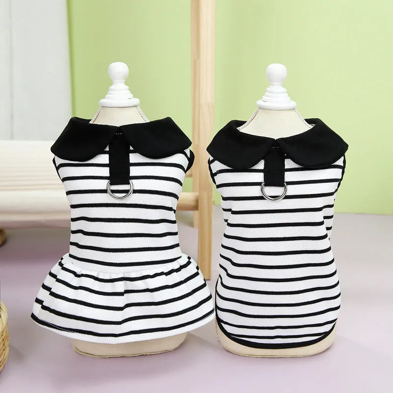 Striped cotton t-shirt and skirt set for dogs or cats on a mannequin, showing casual summer pet clothing.