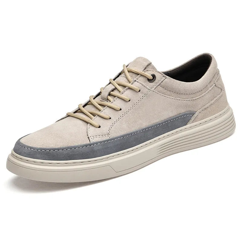 Men's low-top grey casual skate shoes with pigskin leather upper and rubber sole