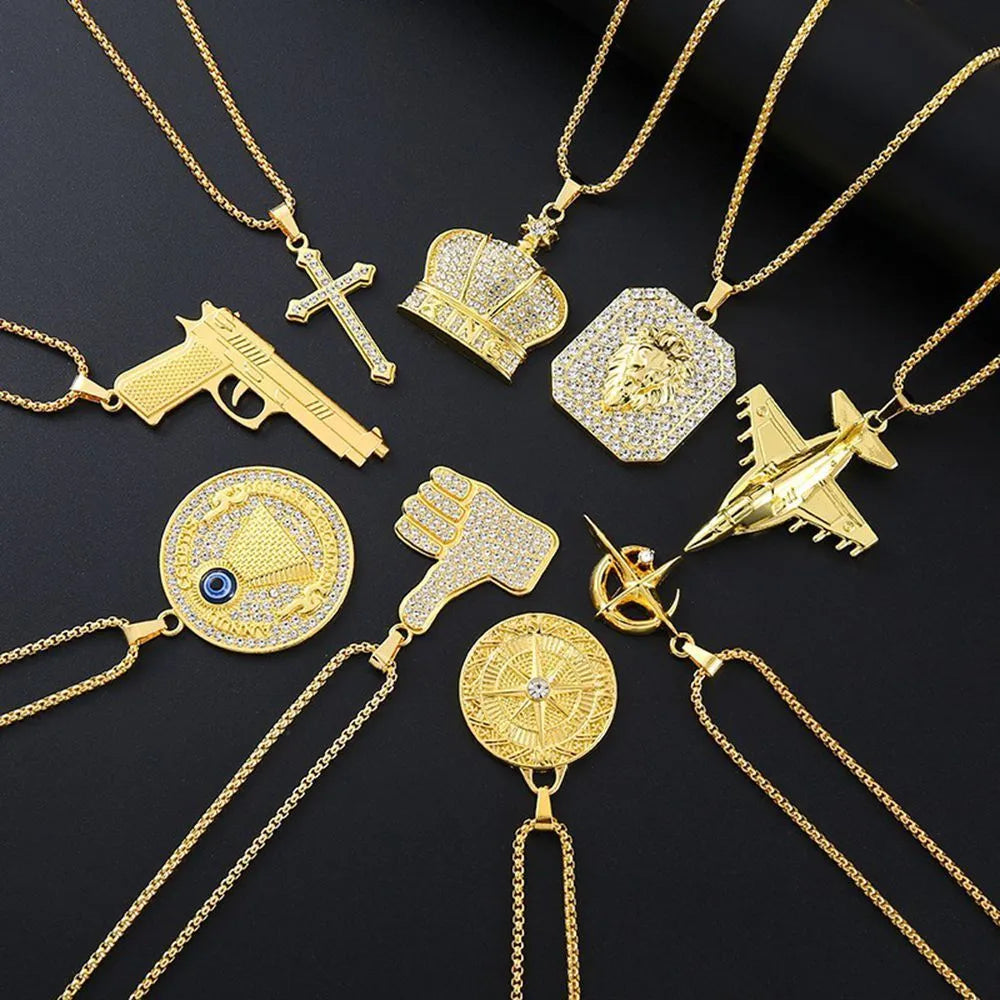 Gold geometric women's necklace with sparkling zircon stones on a model.