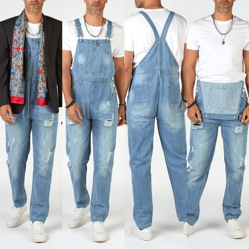Light blue men's suspender jeans with ripped detailing, straight leg cut, and button cardigan closure