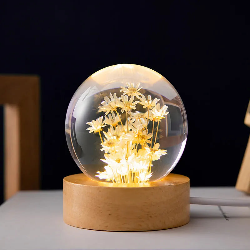 3D dandelion crystal ball night light on beech wood stand, showing 60mm resin sphere with internal flower.