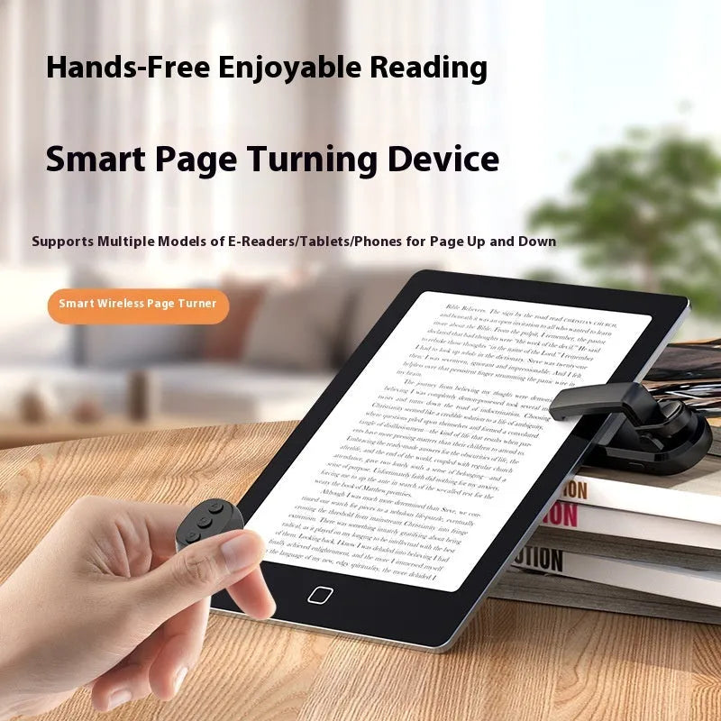 Smart wireless page turner remote control with clicker accessory in black, white, or pink colour.