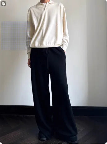 Men's pure wool polo sweater with lapel collar in milky white colour