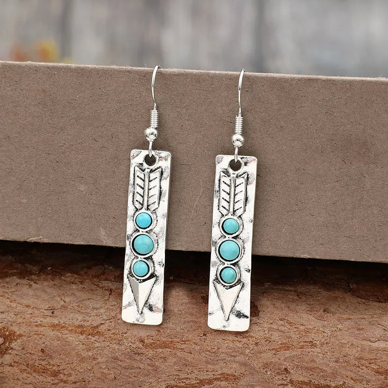 Silver geometric earrings with long strip design and turquoise inlay for women