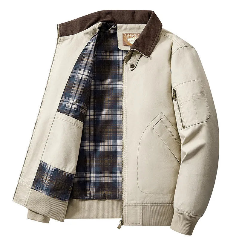 Men's washed cotton baseball flight jacket in plus sizes, shown in camel colour.