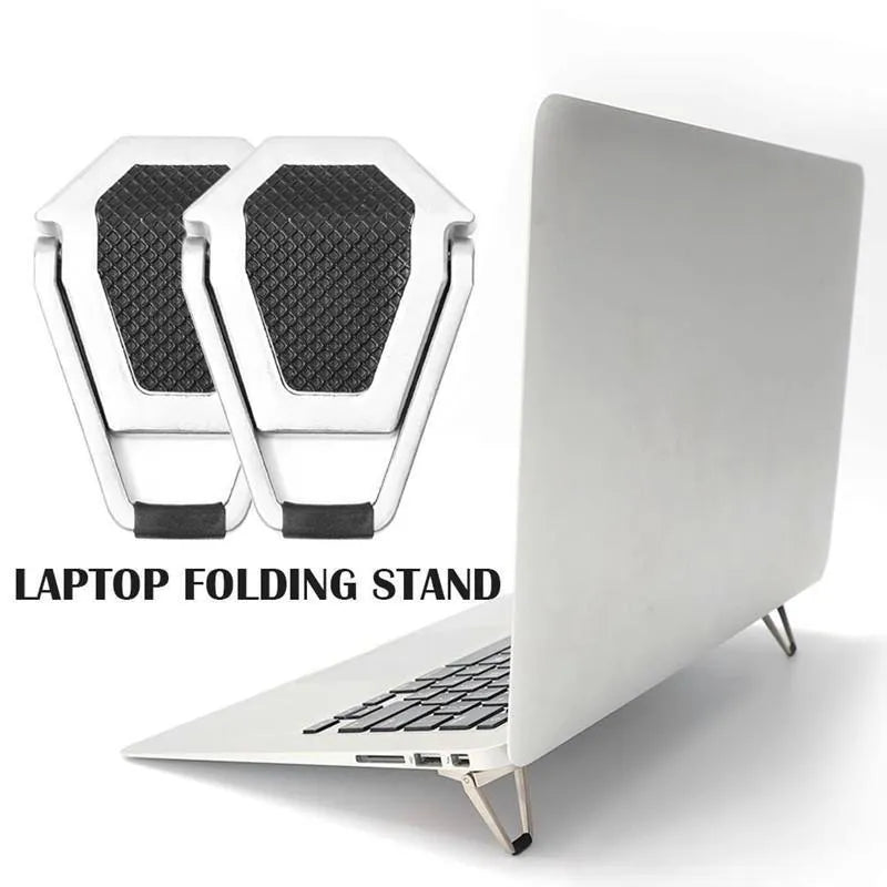 Compact silver aluminium folding laptop stand bracket shown next to 3M adhesive pads.