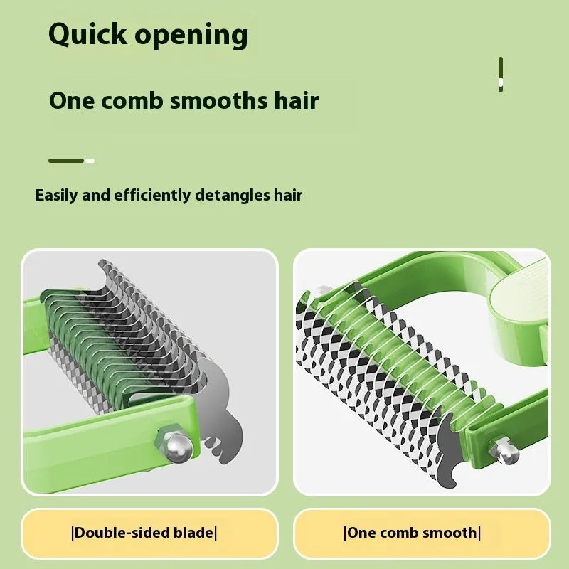 Dog grooming comb with unknotting teeth in green or grey colour, large and small size options