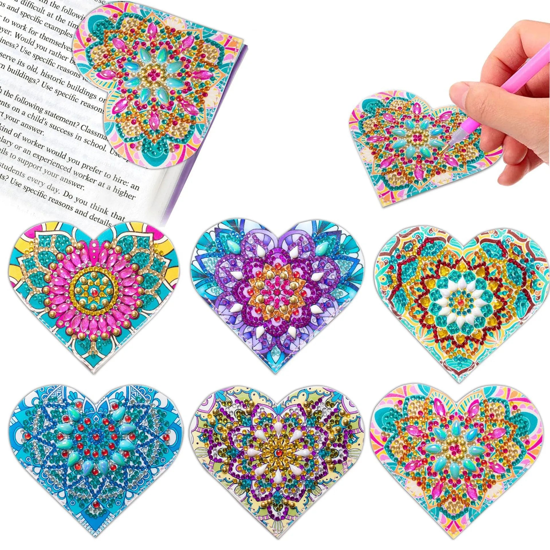 Six PU leather handmade bookmarks with stick-on crystal flower cornerite designs
