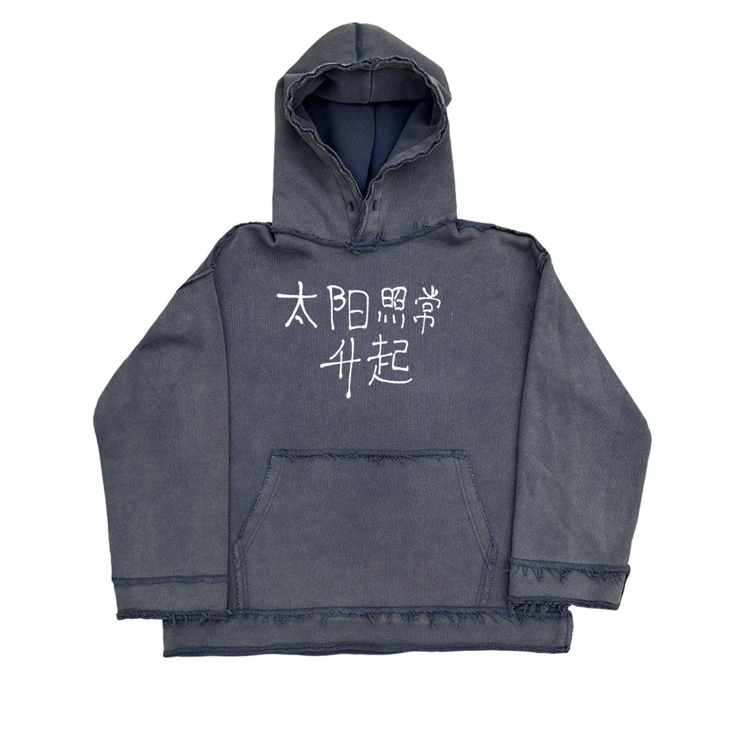 Reverse dark blue unisex hoodie sweater available in sizes M, L, and XL.