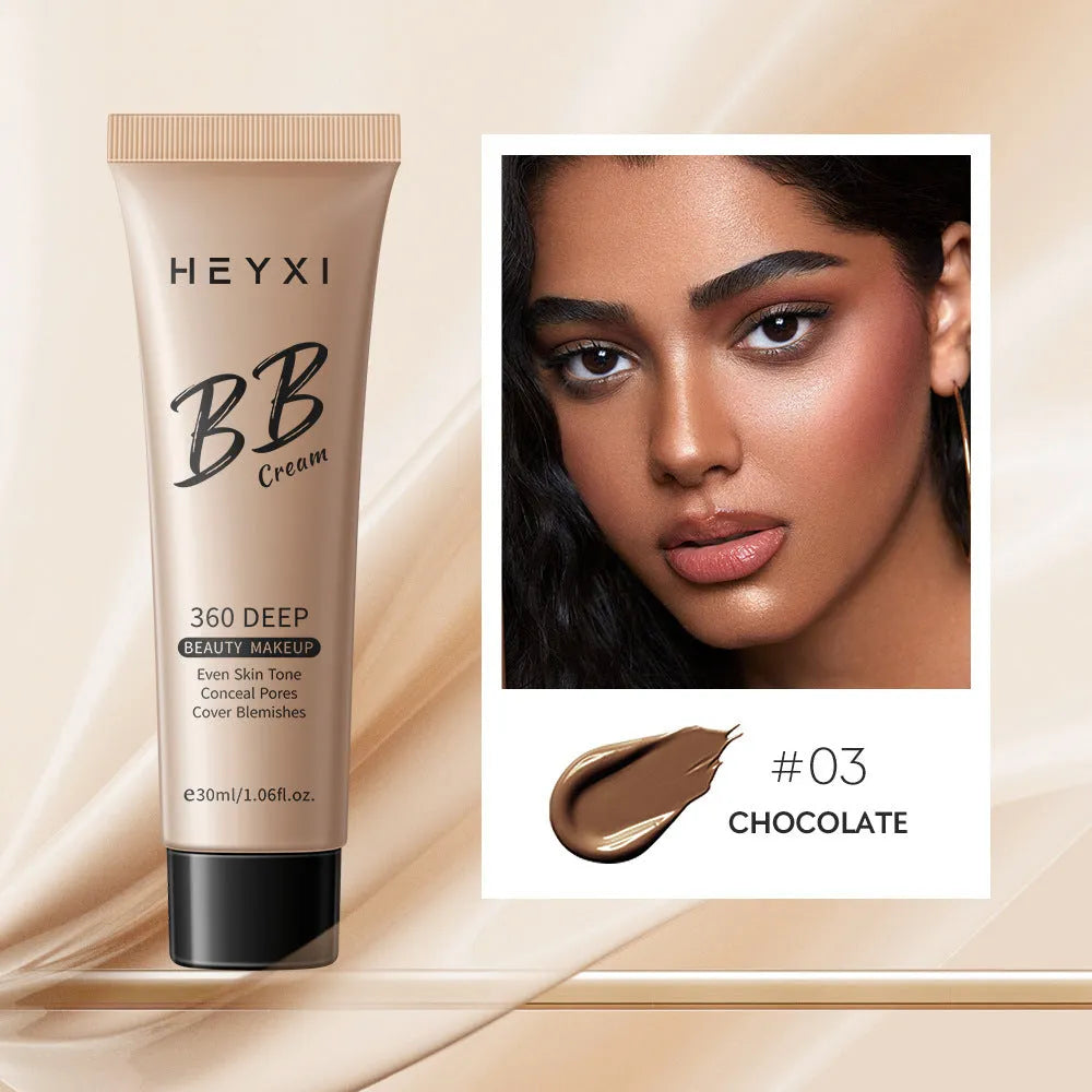 Waterproof BB cream bottle showing four colour shade options for universal skin types