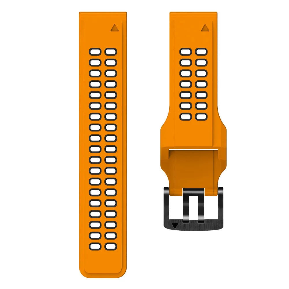 Quick release two-tone silicone watch strap in black and orange with pin buckle.