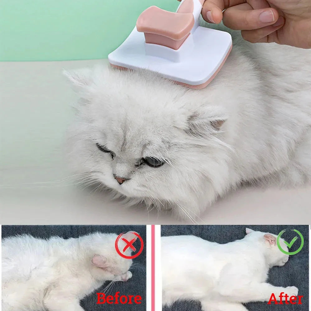 Self-cleaning slicker brush for dogs and cats with one-click hair removal button, available in green, orange, and pink