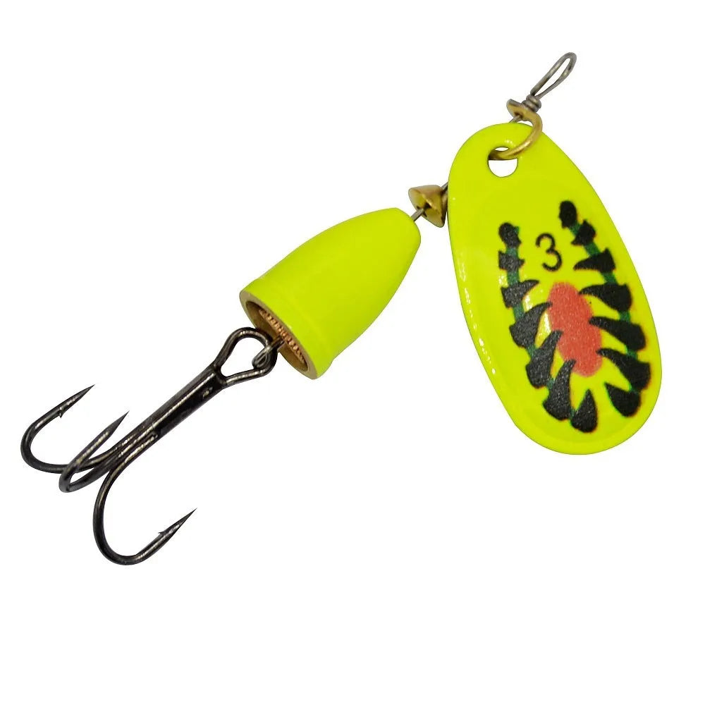 R Composite Rotating Sequins Copper Bell metal fishing lure in multiple colours including yellow green, gold, red, and silver.