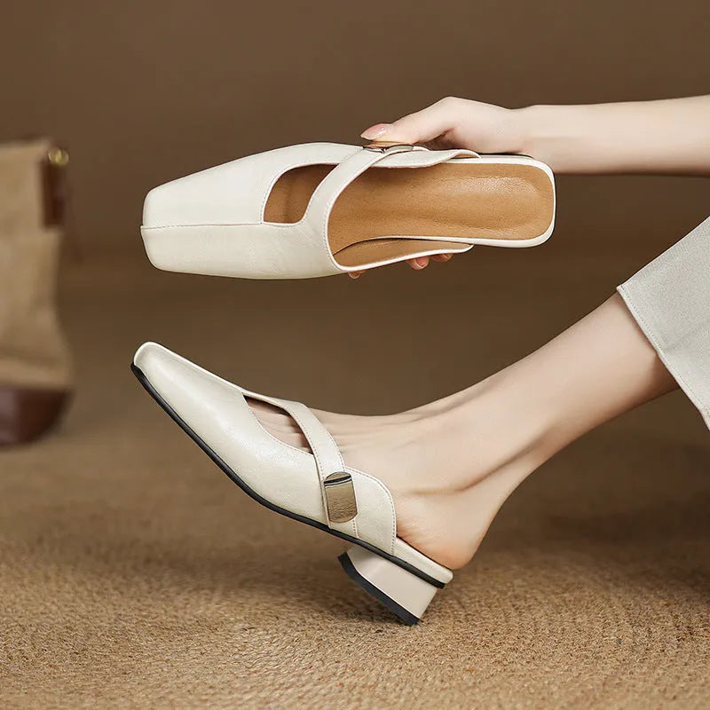 Square toe outdoor slippers in artificial PU with rubber sole available in black, beige, or silver colours