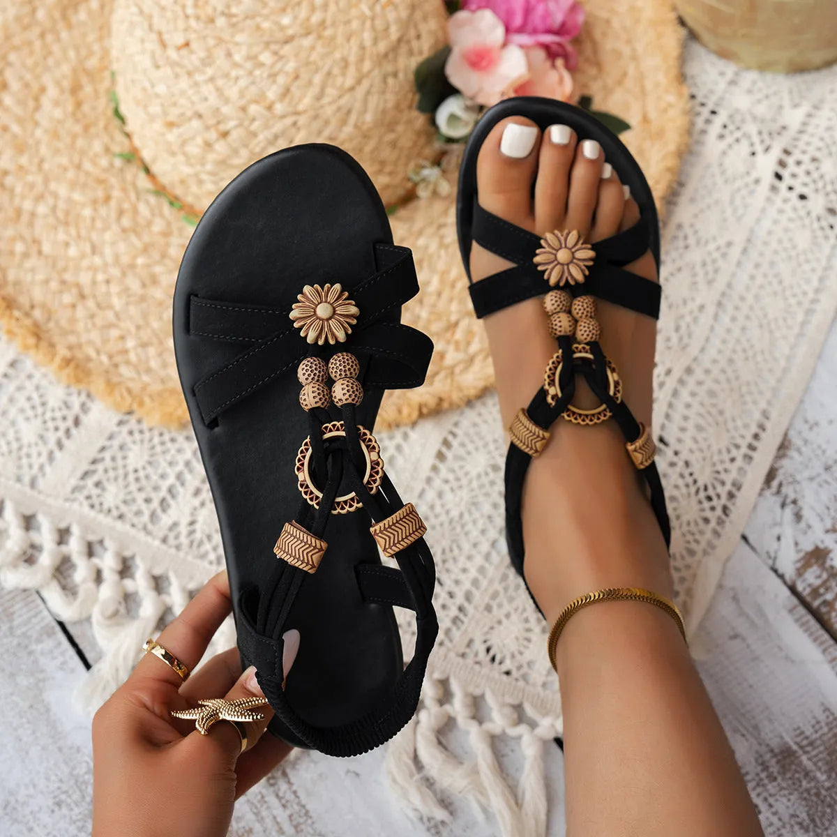 Black ethnic style women's sandals with beaded weave upper and elastic band