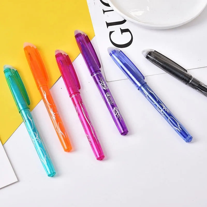 Pack of heat-erasable gel pens with plastic casings and stainless steel nibs in 0.5mm or 0.7mm sizes