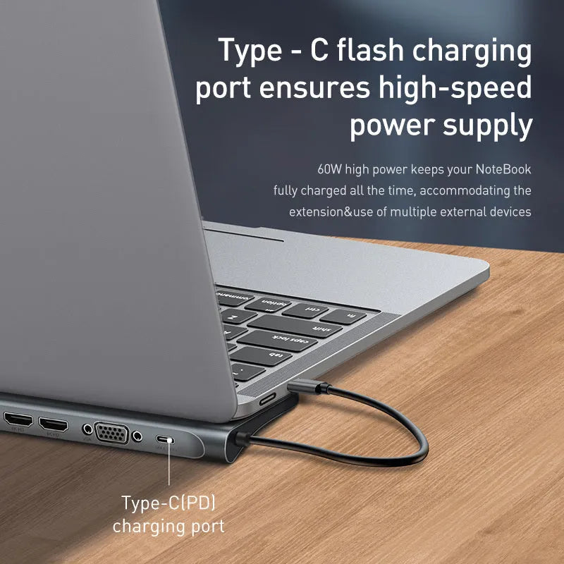 Grey aluminium alloy ten port docking station with integrated laptop cooling bracket showing HDMI, VGA, and USB ports