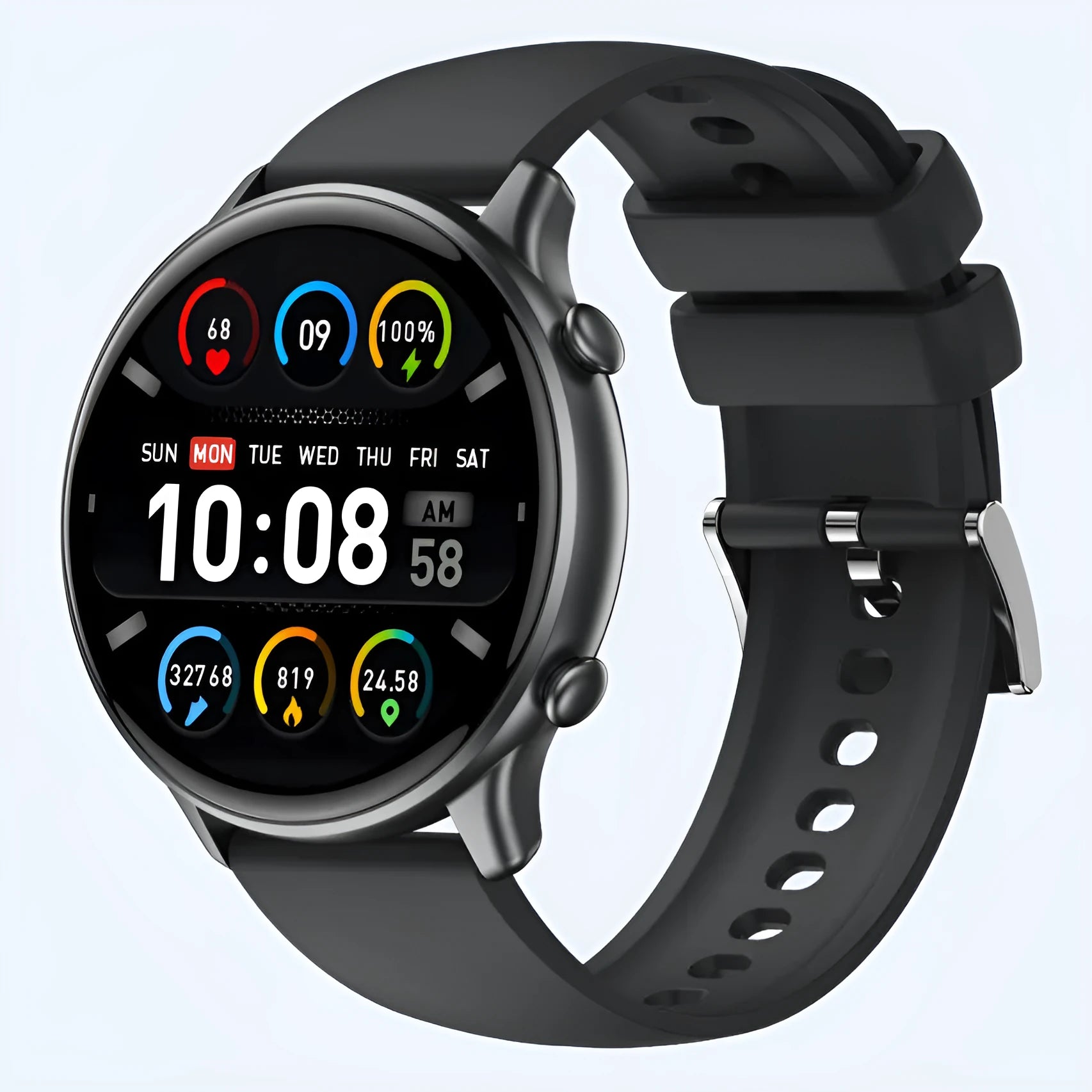 Round smart sports watch with black silicone strap showing heart rate data on touch screen.