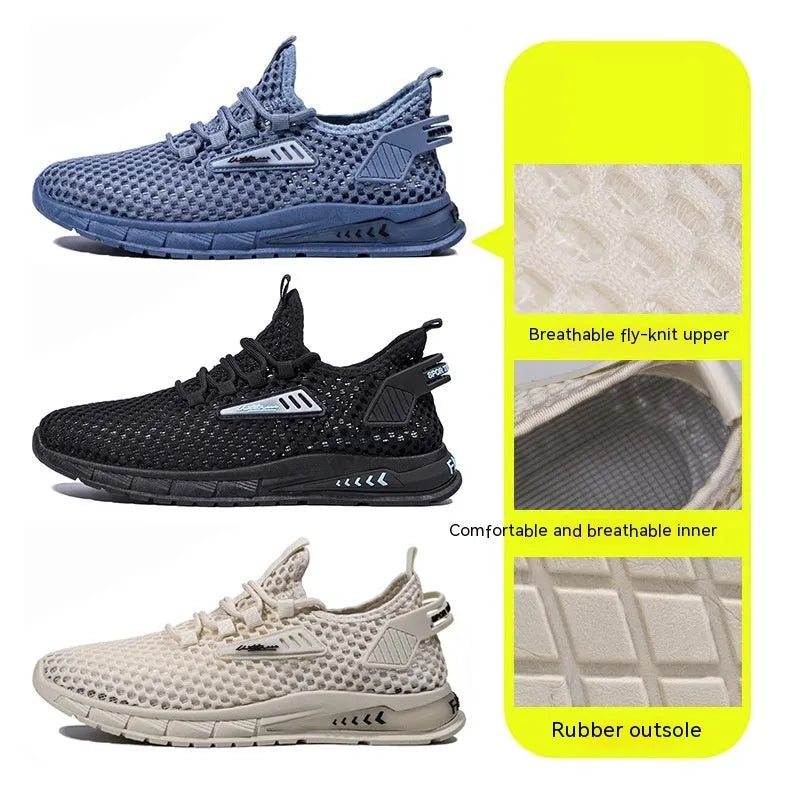 Men's mesh sneakers in beige with synthetic leather upper and lace-up design