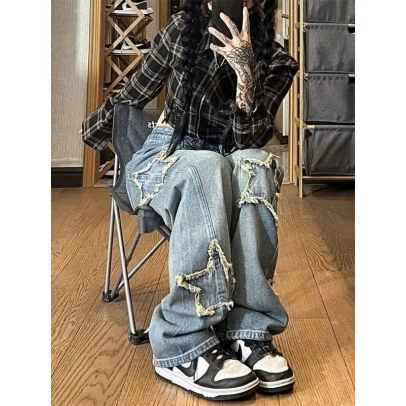 Blue cotton high-waist wide-leg denim trousers in straight cut style