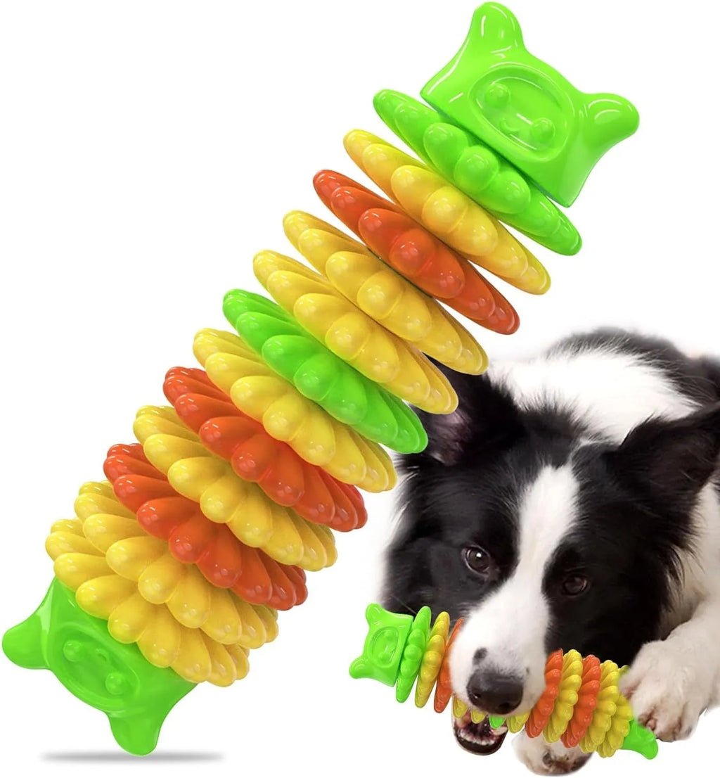 Blue natural rubber caterpillar-shaped dog chew toy on a white background