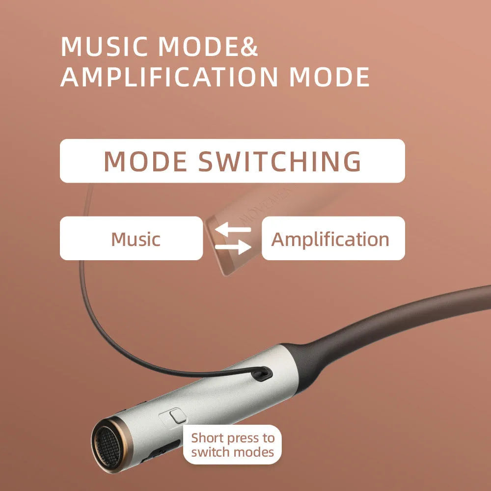 Simple neck hanging Bluetooth headphones in silver and black ABS plastic on display